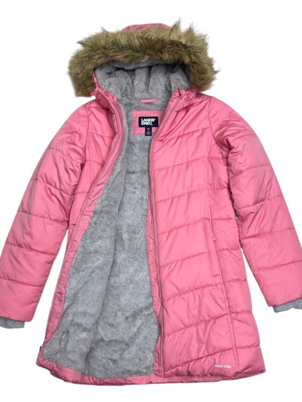 LANDS END Faux Fur Fleece Lined Winter Puffer Parka Jacket Coat Girls Youth XL